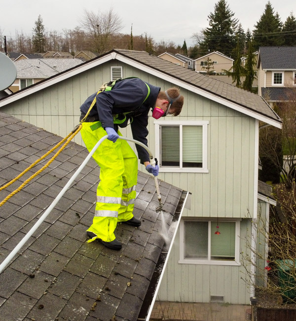 gutter cleaning professional in yellow pants on roof spraying gutter
