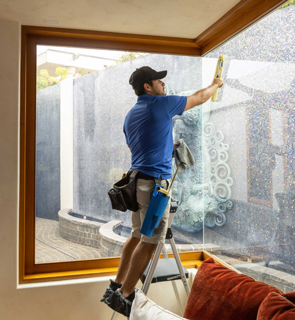 window cleaning professional cleaning interior windows on step ladder